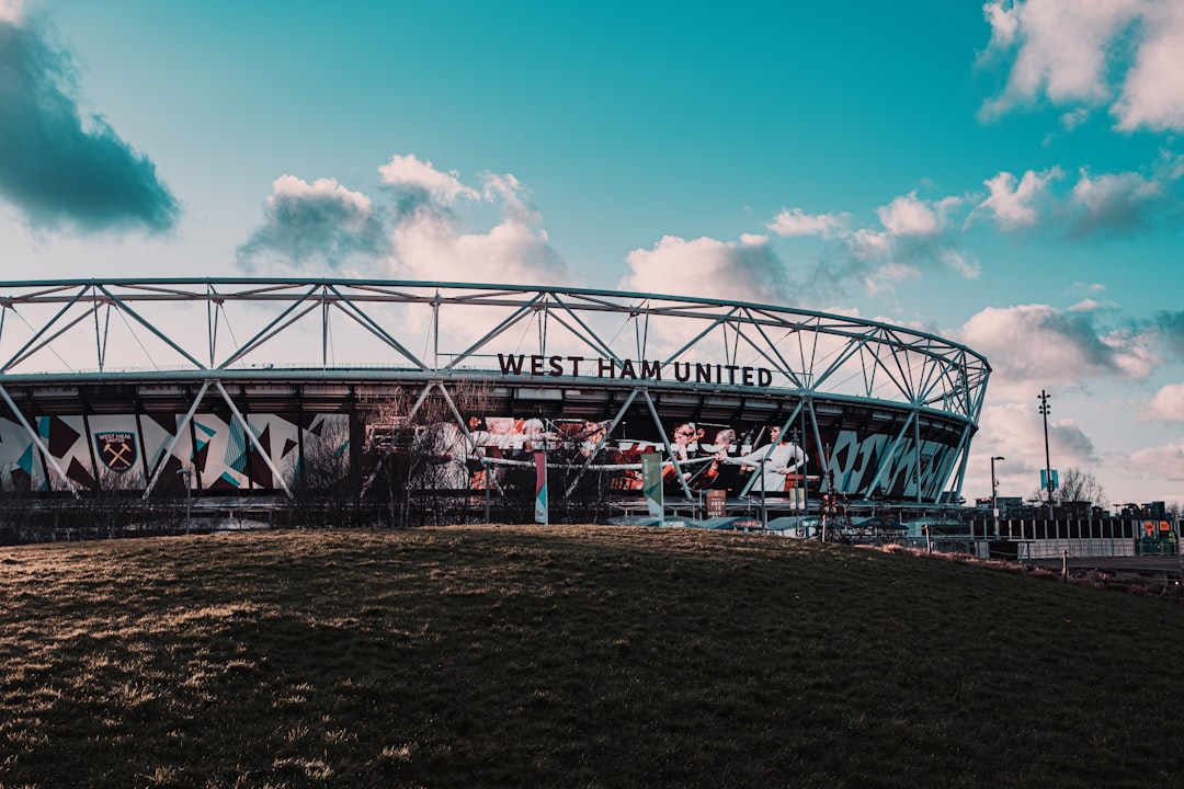 London Stadium, home of West Ham United, lit up at night